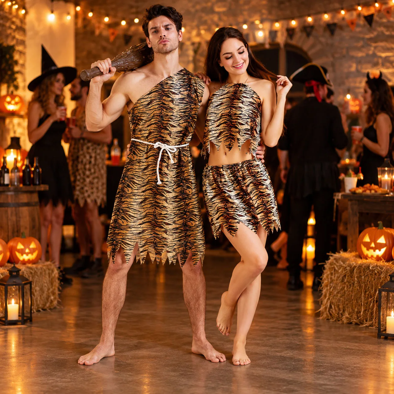 Caveman Costume Men Women Stone Age Tiger Print Couple Outfit Prehistoric Primitive Party Halloween Cosplay Performance Set view 6