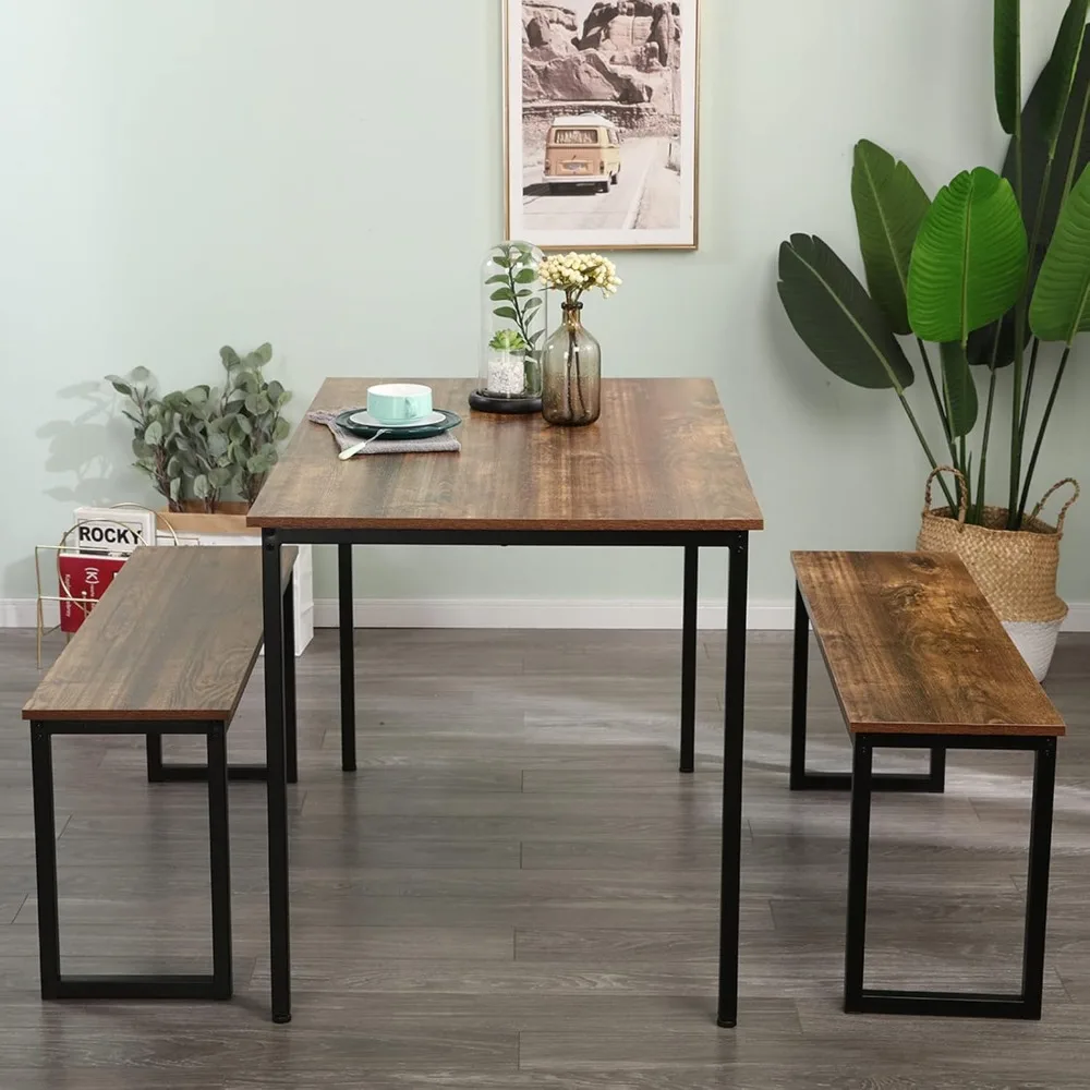 Conjunto de mesa de jantar de 3 peças soges para 4 com 2 bancos, conjunto de mesa de jantar e cadeiras Soho, mesa de cozinha industrial