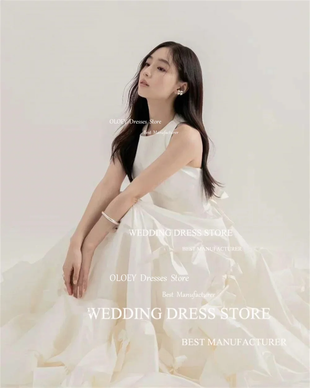 OLOEY Simple Satin Ivory Wedding Dress Korea Photoshoot Bow O-Neck Sleeveless Floor-Length Bride Dress Robe de mariage