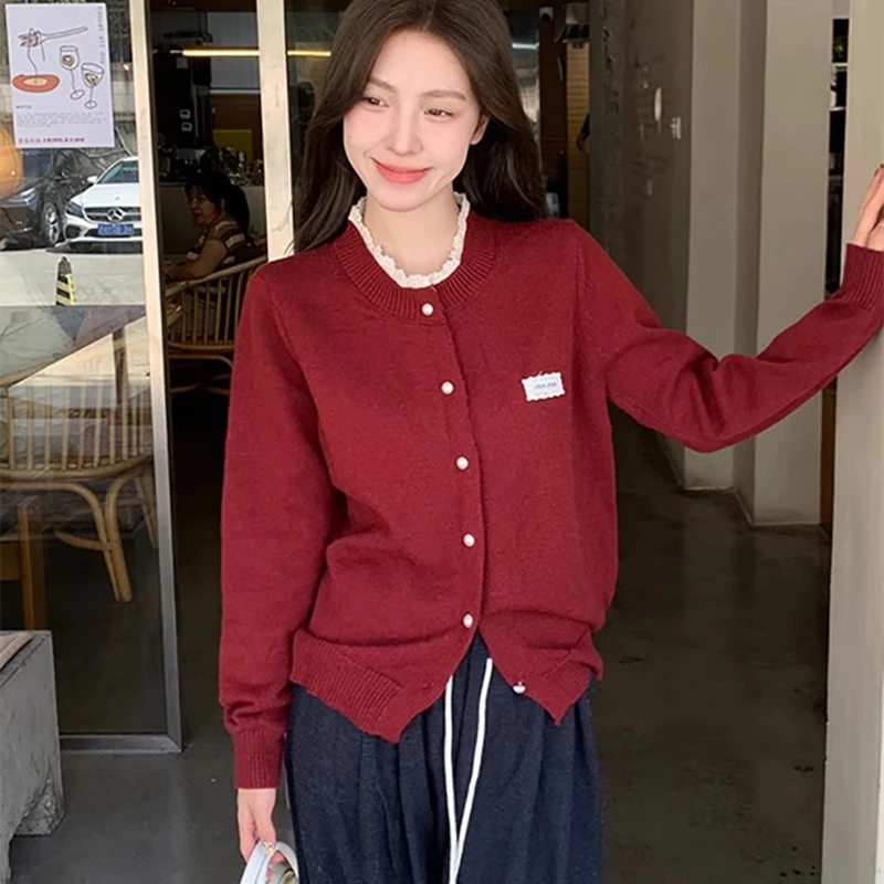 

Red Knitted Woolen Sweater Spring Autumn ort Women's Outerwear Jaet Commute Sle Loose Fit Long Sve round Ne Coat
