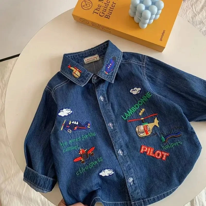 Fashion Boys denim shirt cartoon Embroidery Kids long sleeve Coat children loose casual denim jacket