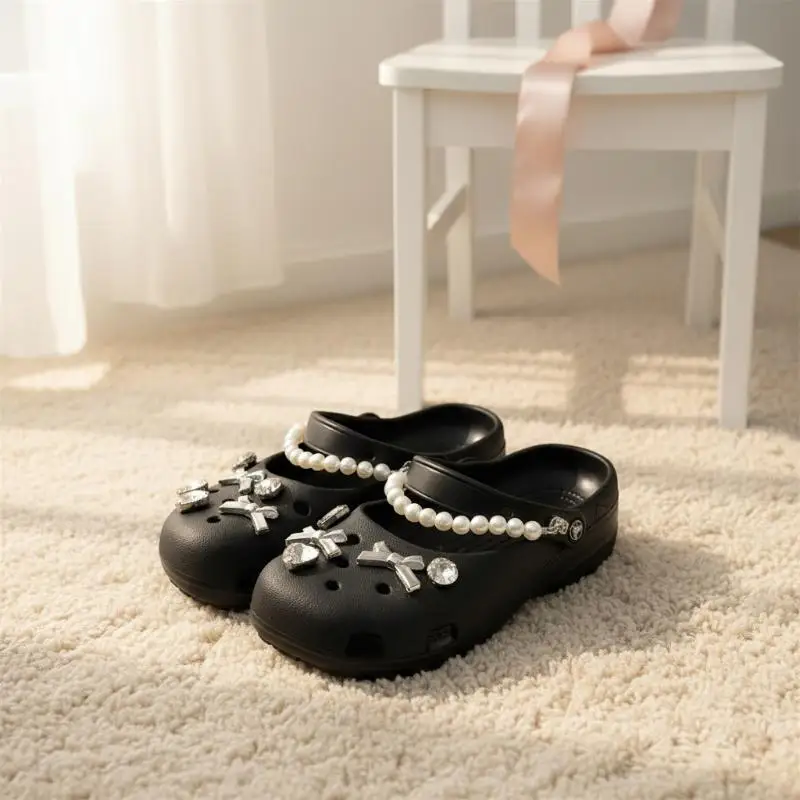 Sweet Bowknot Pearls Chain Shoes Decorations Summer Shoes Charms Buckles Sets Fashion DIY Crystal Shoe Accessories