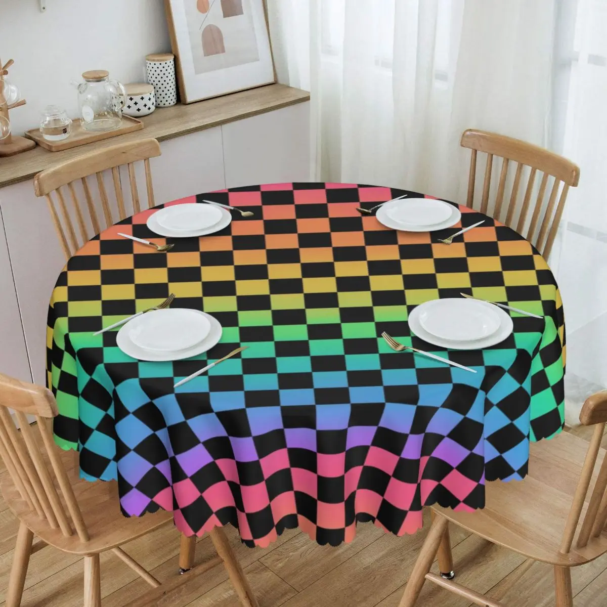 Op Maat Gemaakt Rond Regenboog Geruit Tafelkleed 60 Inch Keuken Dinning Tafelkleed Waterdicht Dambordpatroon Tafelkleed