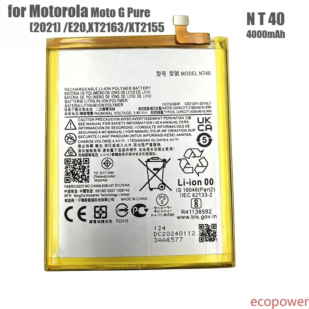 4000mAh Brand New Battery NT40 for Motorola Moto G Pure (2021) /E20,XT2163/XT2155 Mobile Phone Premium Replacement  Batteries