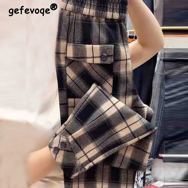 

Women Clothes Vintage Plaid Casual Streetwear Harem Pants Spring Autumn Korean Fashion Pocket Loose Trousers Pantalones De Mujer