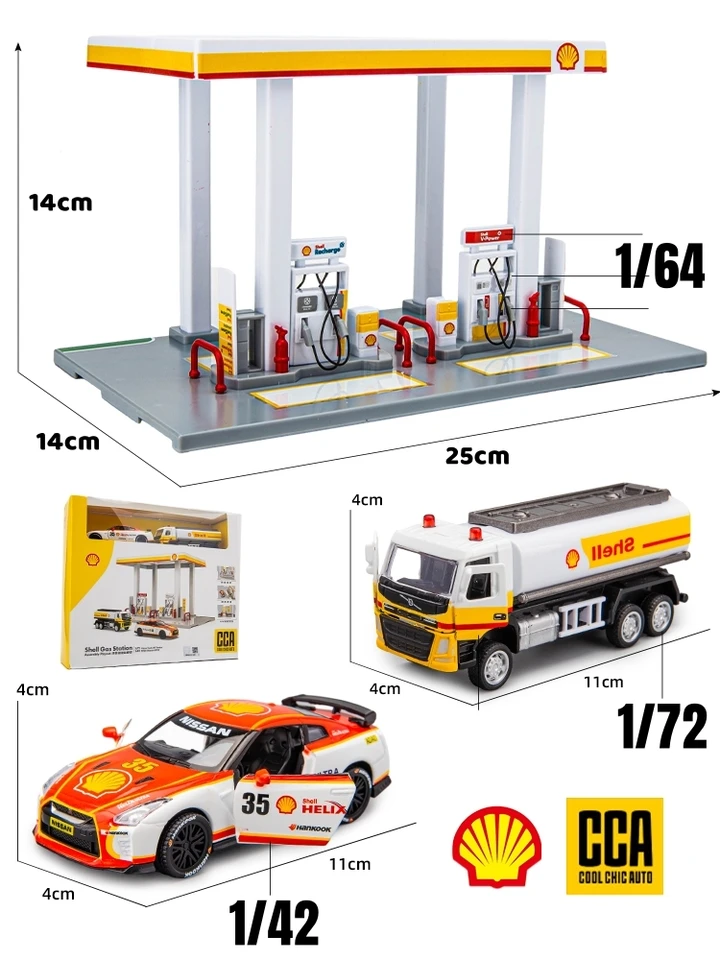 1:64ガスステーションのおもちゃモデル,gulf & shellミニカー,子供向け