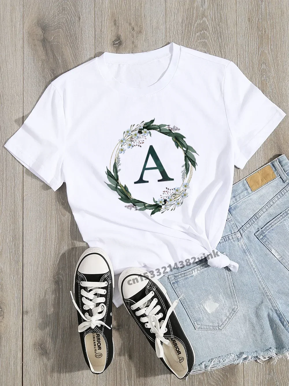 Monogram A Wild Flowers And Foliage Wedding Party Women T-Shirt Casual ladies basic O-collar white Short Sleeved Cotton 2024