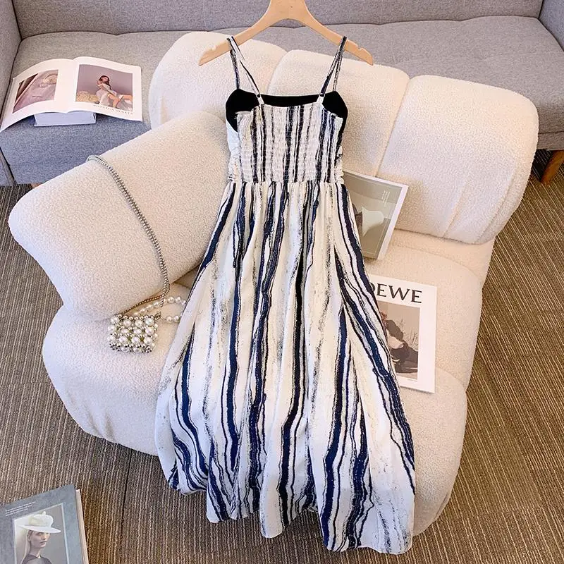 Women Stripe Long Sling Dresses Summer Female Boat Neck Sleeveless Large Size 4XL Elegant A Line Casual Polyester Pleat Vestidos