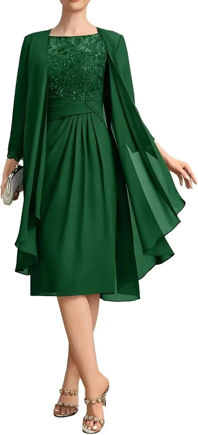 QMANSHA Maßgeschneidertes staubblaues Spitzen-Chiffon-Abendkleid in Knielänge für die Brautmutter mit geraffter Taille – Detail 15