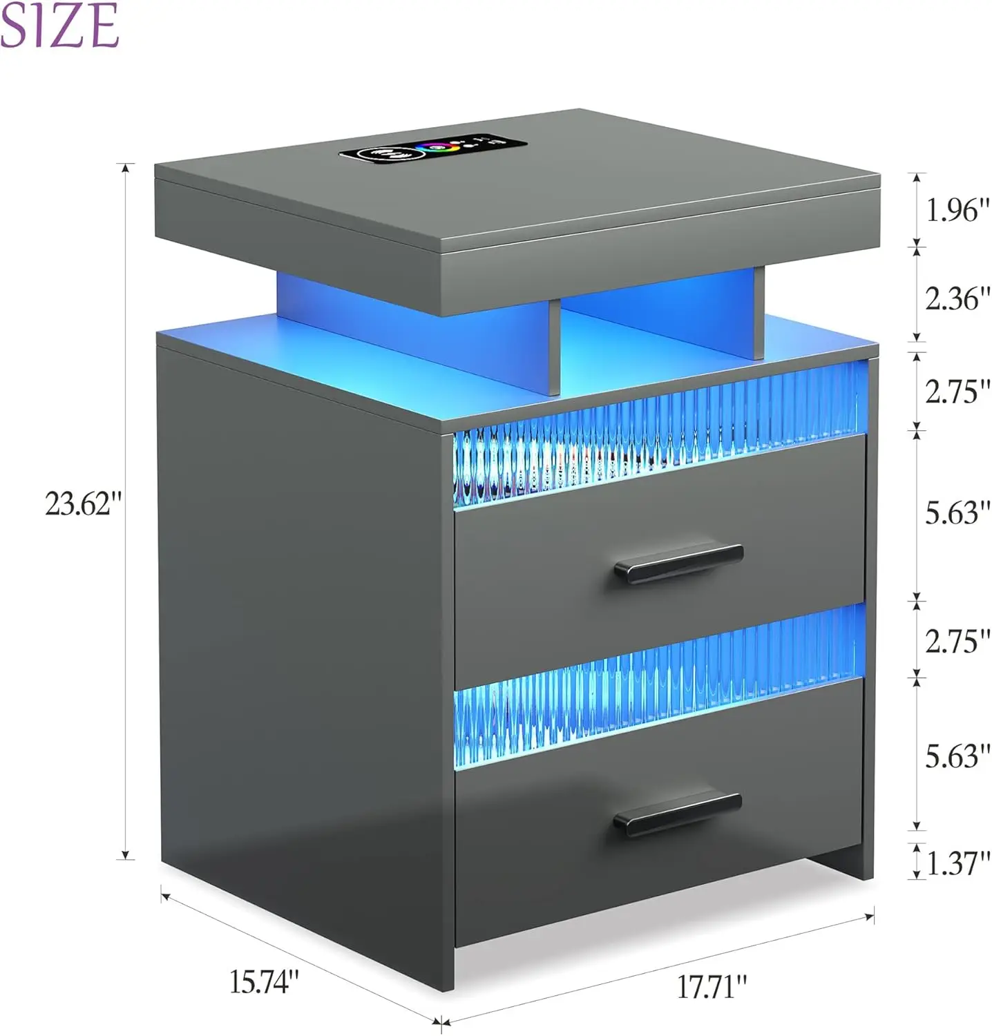 Grey Night Stand with Charging Station: All in One Nightstand with Drawers Bedside Table with LED Light & Human Sensor Design