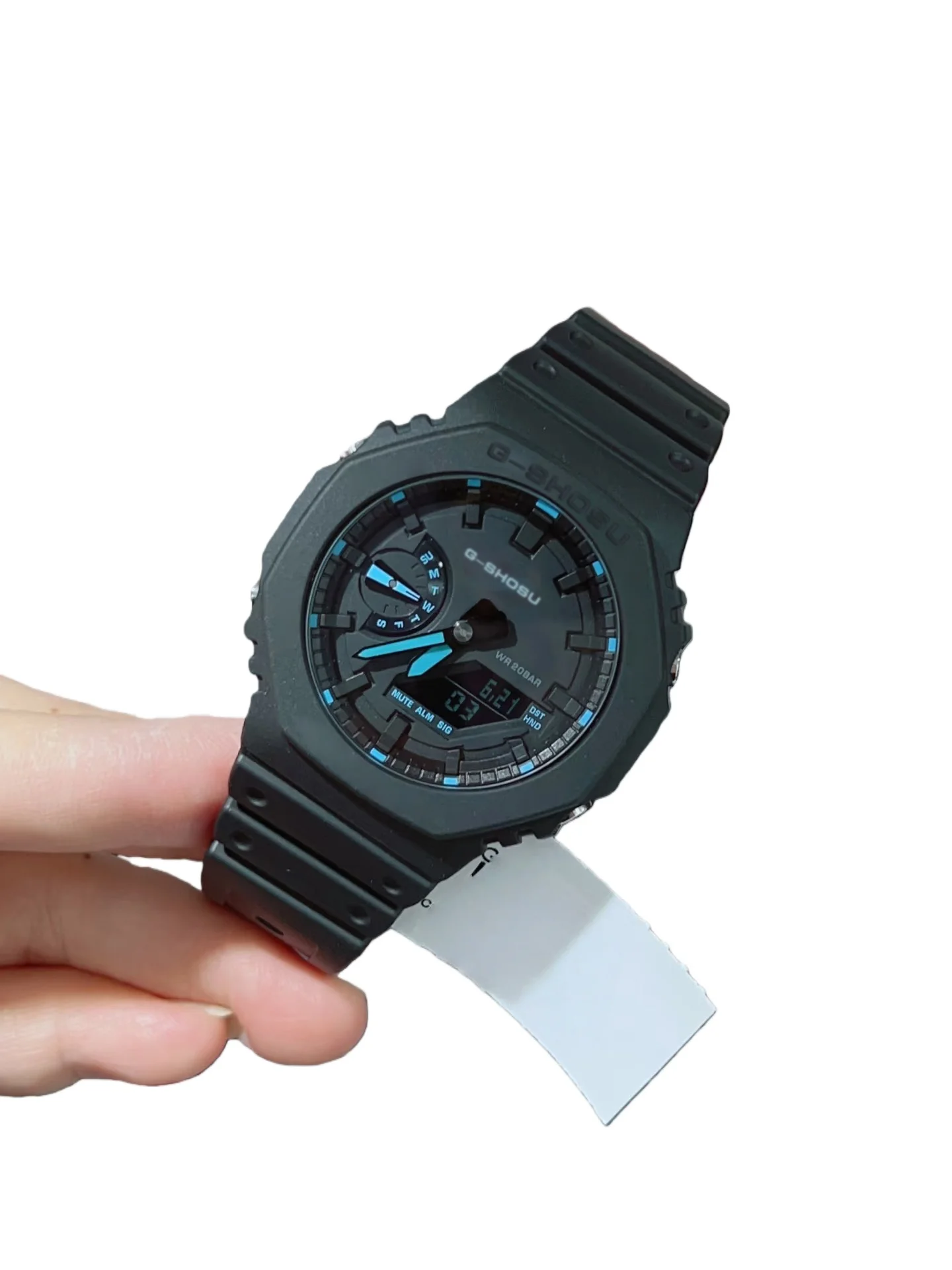 ساعة رياضية باللون الأخضر والأسود للجنسين، وظيفة كاملة، توقيت عالمي، شاشة LED مزدوجة، حزام مطاطي من خشب البلوط المضيء