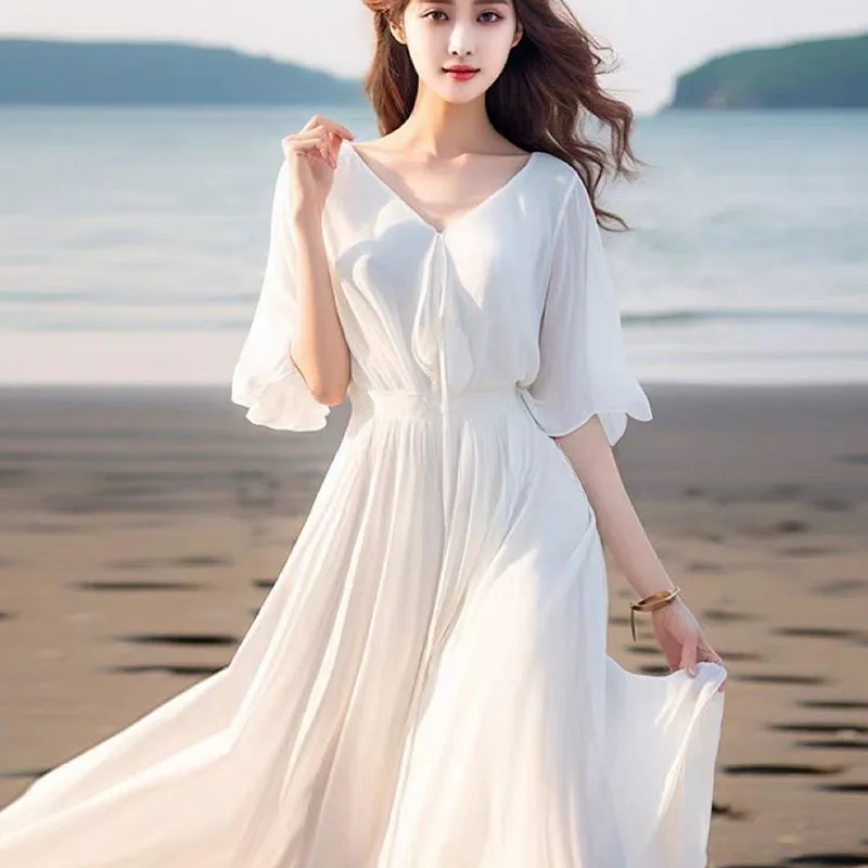 2025 New Summer Beach Dress Large Swing Chiffon Dresses Women Half Sleeve Seaside Vacation Slim Super Fairy Bohemian Long Dress