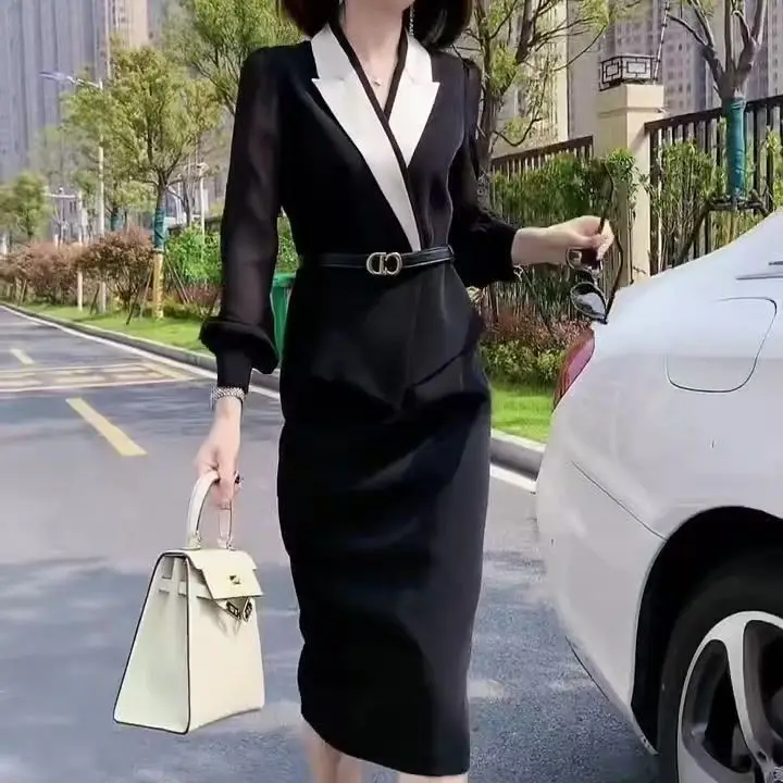 Slim High-end Celebrities Internet Celebrity Temperament Spliced suit Collar Waist Two-piece Suit Goddess Fashion Dresses