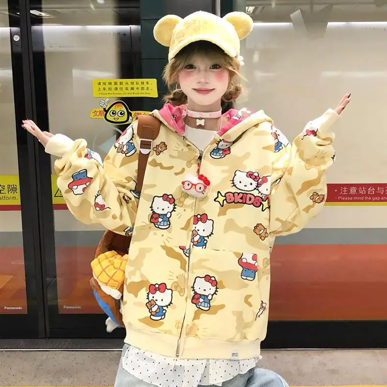 الكرتون مرحبا كيتي سستة مقنعين هوديي الخريف/الشتاء Kawaii أنيمي Y2K زوجين سترة سترة عسكرية فضفاض البلوز القماش #2