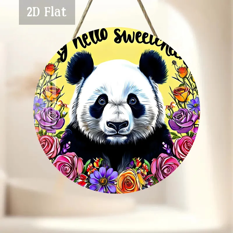 2D Flat, 1pc Panda Woodblock Wall Decor - Retro Suitable for Home, Cafe, Decoration - Round Panda & Roses Panel Art with Materia
