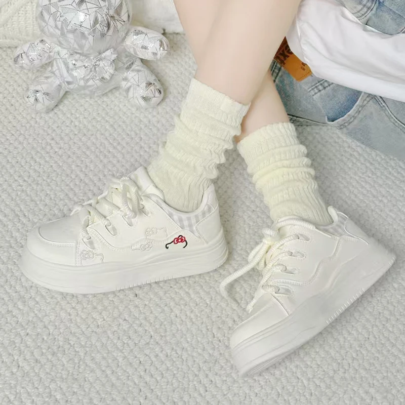 

Детская повседневная обувь ​ Кроссовки из искусственной кожи Hello Kitty, весенняя обувь для девочек, противоскользящая обувь на толстой подошве, белые, розовые, размер 28-37