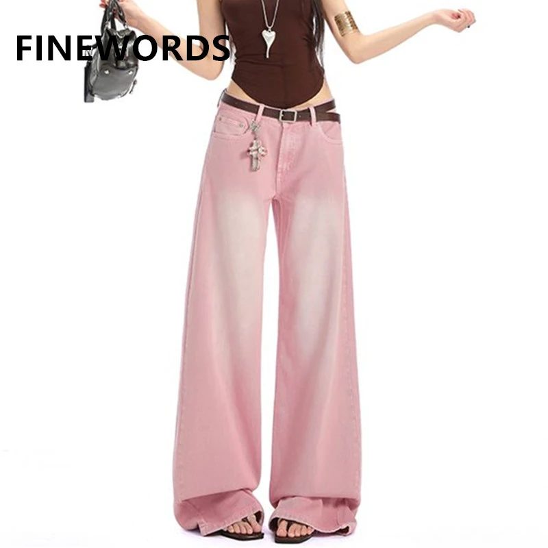 

FINEWORDS Casual Vintage High Waist Wide Leg Pink Jeans Women Baggy Korean Jeans Streetwear Easymatch Full Length Denim Pants