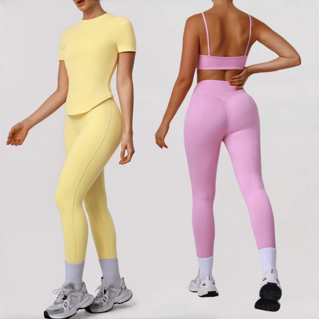 

Tight 2pc Yoga Set High Waist Hip Lift Pants T-shirt Fitness Suit Running Workout Gym Sportswear Women's Sports Bra Pants Set