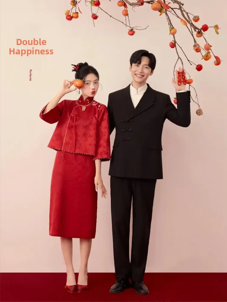 

Red Wedding Dress Suit Set for Couples New Chinese Style Vintage Photography Studio Bride Drinking Ceremony Costume