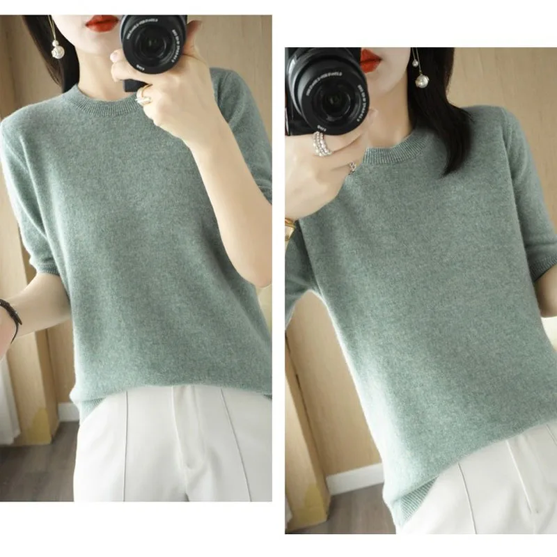 Spring Summer Women Sweater 2023 Short Sleeve O-neck Slim Fit Knitted Pullovers Bottoming Casual Knitwear Green Pink Clothes