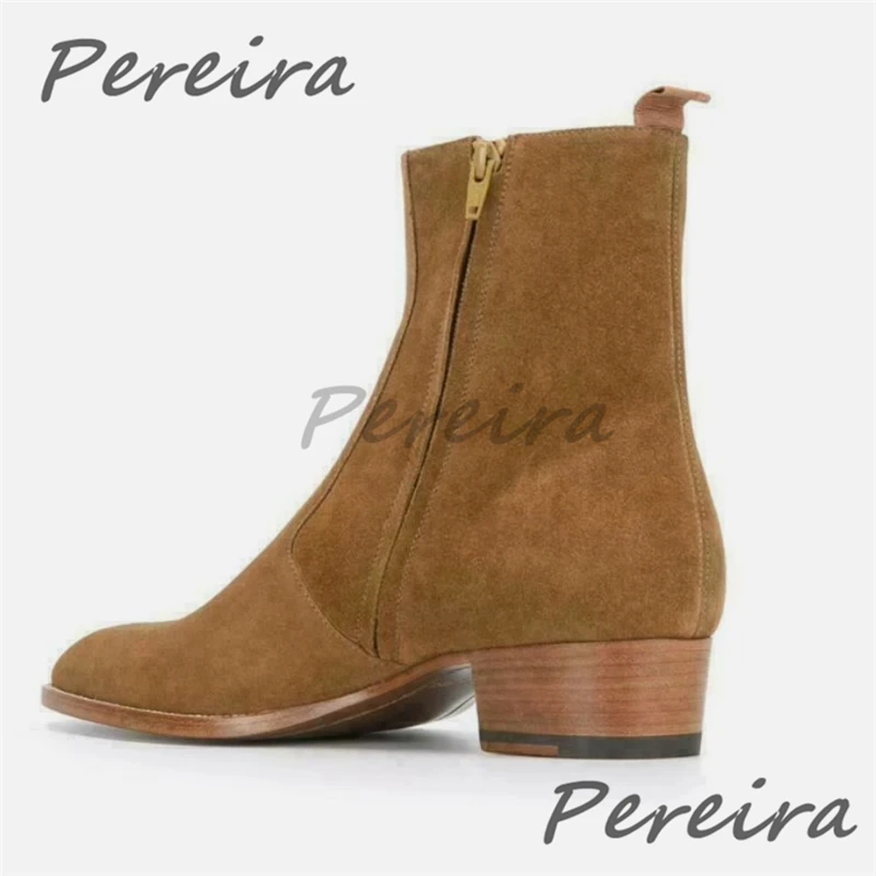 Classic Suede Pointy Toe Zipper Chelsea Boots British Solid Genuine Leather Med Heel Short Boots Trendy Comfortable Men's Shoes