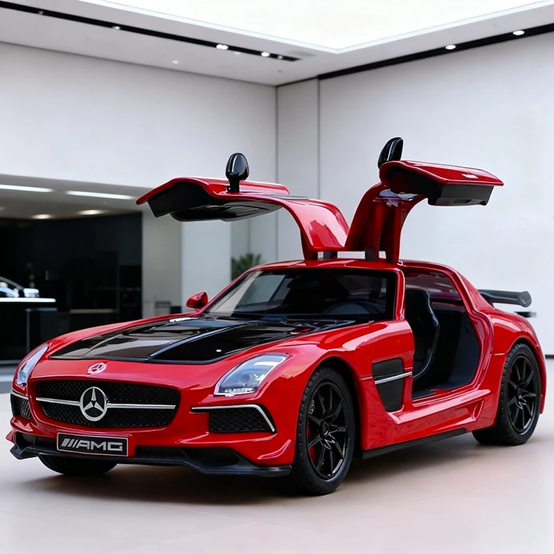 Novo 1:24 benz sls amg transparente capô do motor liga modelo de carro som e luz brinquedo das crianças colecionáveis presente aniversário