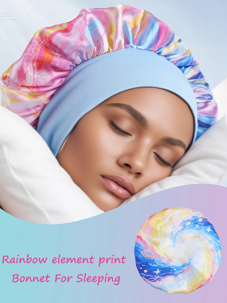 Bonnet de sommeil en Satin élastique à large bord imprimé étoiles, enveloppe de cheveux Extra Large pour la Protection nocturne, utilisation en douche, bande souple, bonnet de soins capillaires