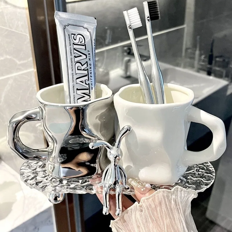 High-grade Ceramic Toothbrush Cup Couple Set Electric Silver Wash Cup with Glass Tray Rabbit Decoration Bathroom Accessories New