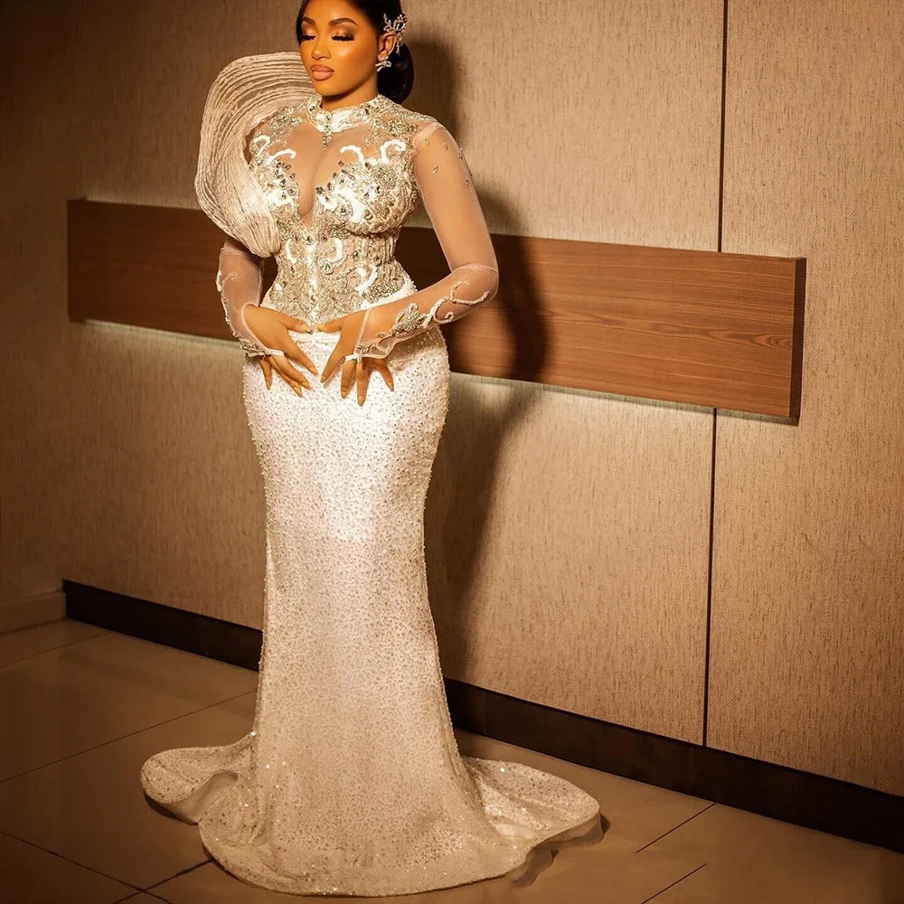 Robe de bal élégante, grande taille, à la mode, pour femmes noires, col haut, manches longues, strass, dentelle pailletée décorée