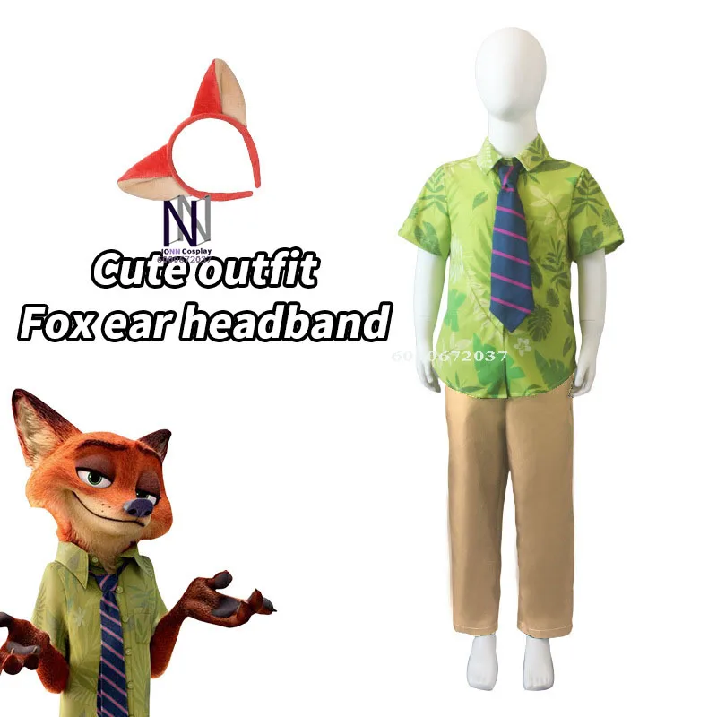 

Fox Nick Wilde Cosplay Shirt With Tie Men Halloween Green Leaves Printed Summer Casual T-shirt and Necktie cosplay