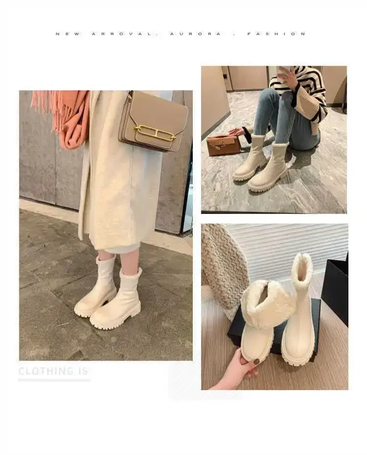 Größe 42 Herbst-Winter-Schneestiefel Warme Pelz-Damen-Stiefeletten Modische Elegante Schuhe mit Rückenreißverschlüssen Dicker Absatz Damen-Kurzstiefel – Detail 3