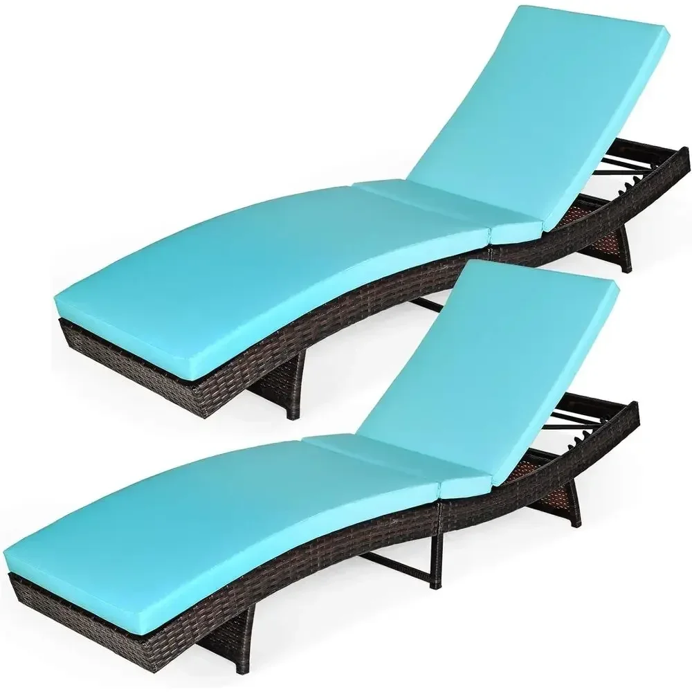 Juego de 2 Sillones de Ratán para Patio con Respaldo Ajustable en 5 Posiciones y Cojín Suave (Turquesa)