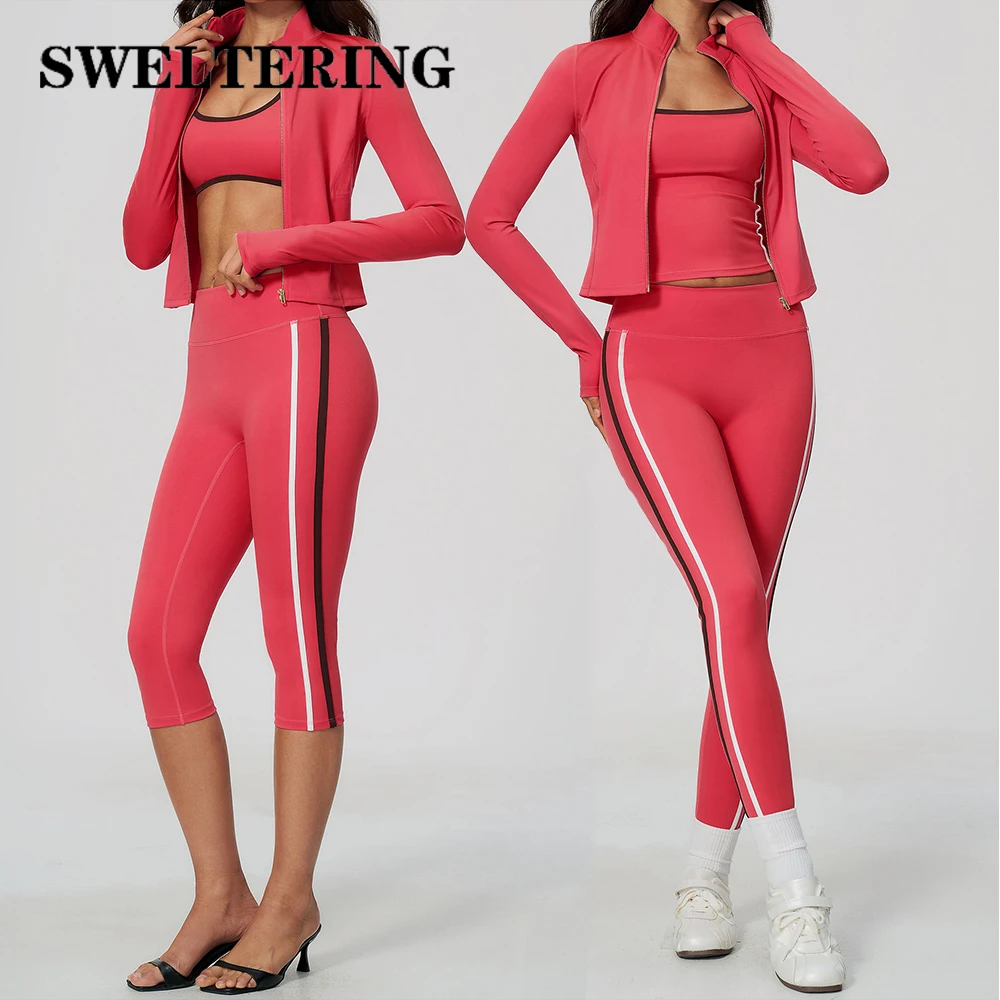Contrast Color 3PCS Yoga Set Women Zipper Long Sleeve High Waist Leggings Fitness Outfit Female Gym Workout Clothes Sportswear