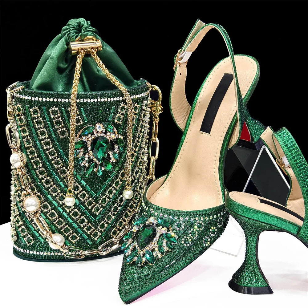 Summer Elegant Pointed Toe Design Italian Rhinestone Sandal Shoes And Bag Set For Wedding Nigerian Woman Pumps Shoes And Bag Set