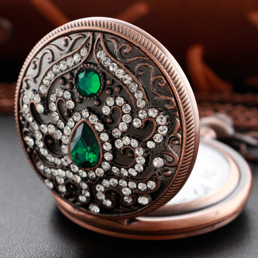 Luxury Green Gem Magic Diamond Power Stone Quartz Pocket Watch Men and Women Necklace Clock Steampunk Fashion Gift Accessories