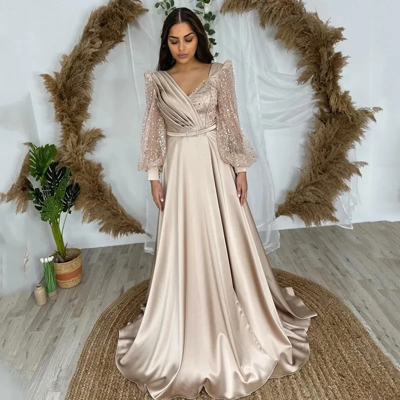 

2024 Modern Evening Dresses Sequined Long Sleeve Trumpet Prom Dresses Ruched V Neck Woman's Formal Beach Party Vestido De Fiesta