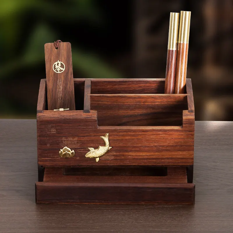 Wooden Desk Organizer with Drawer, Solid Wood Pen Holder for Office, Desktop Storage Box with Compartments & Phone Stand