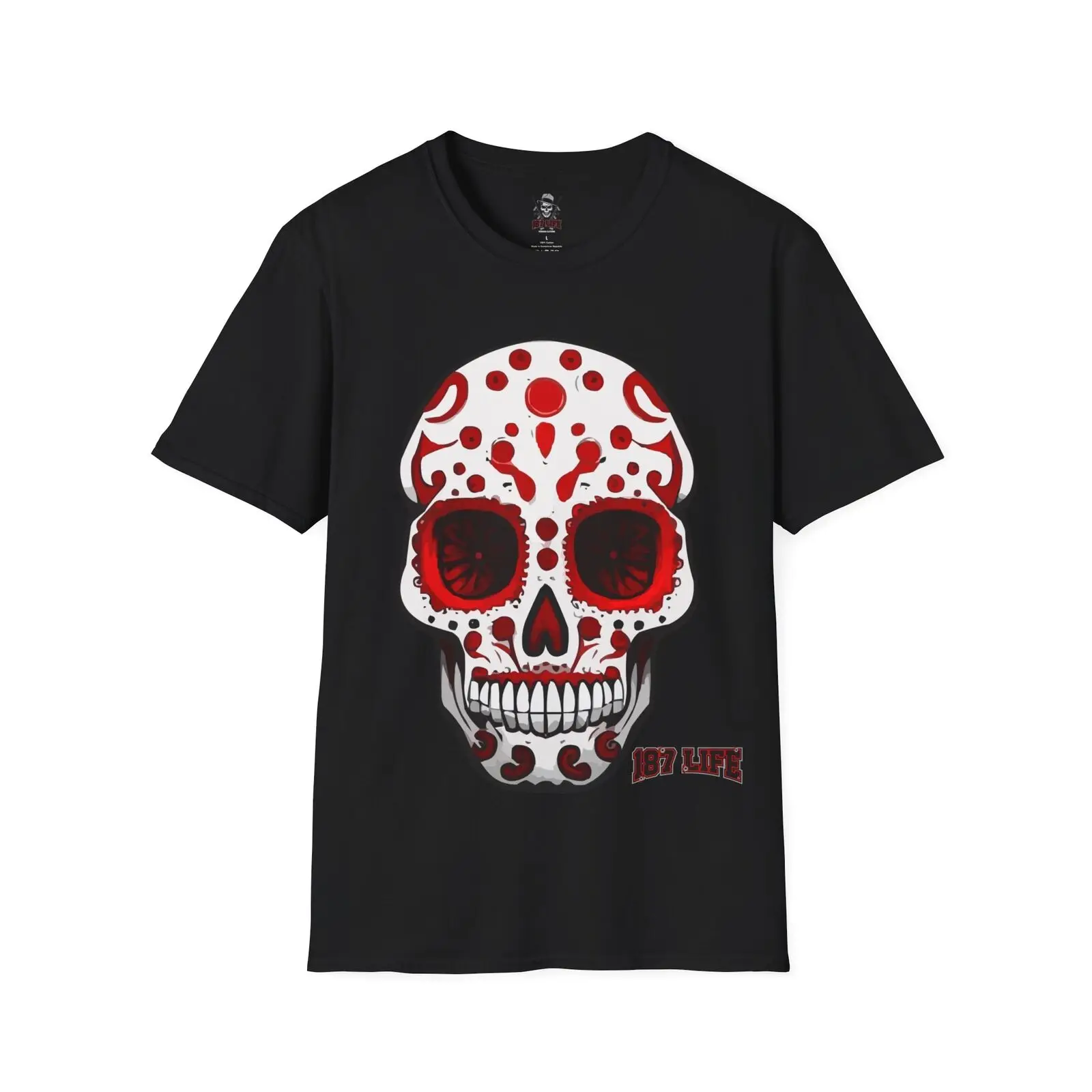 

187 LIFE day of the dead white skull with red design Softstyle T-Shirt