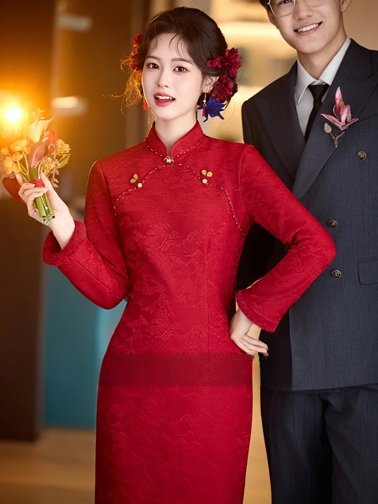 

Red Chinese Sle Long Sve Qipao Engagement Dr Fce Lined Thi Winter Wedding Dr Vintage Sle mid Length Skirt