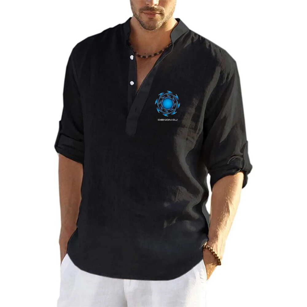 Denon Dj Cotton Linen Men Shirt Brief Breathable Comfy Solid Color Long Sleeve V neck Casual Blouse Shirt Tops T shirt