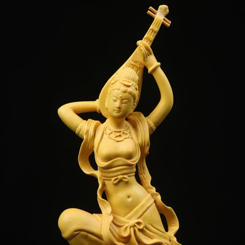 Yellow Boxwood Carved Dunhuang Flying Apsara Figurine - 18cm High, Elegant Lady Home Decor, Perfect Gift