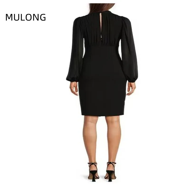 MULONG Women Farmal Short  Mother Of The Bride Dresses For Weddings Chiffon V Neck Long Sleeve Sheath Knee Length Mother Gowns