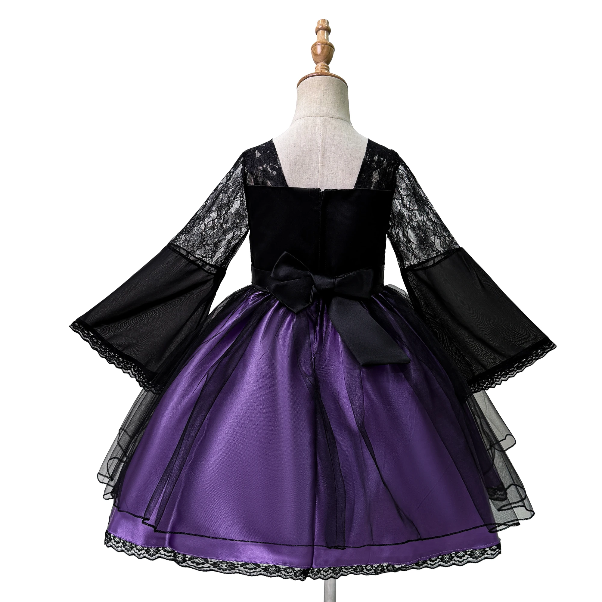 Long Sleeve Halloween Costume for Girls Fancy Lace Wedding Bridesmaids Birthday Party Dresses Girl Bow Gothic Christmas Costumes