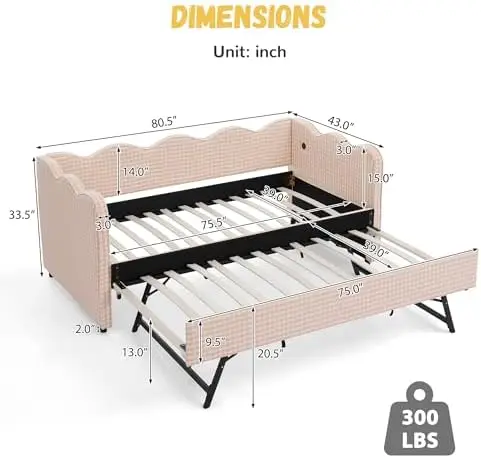 Twin Size Upholstered Daybed with Trundle, Gingham Daybed with USB Ports for Bedroom Living Room Guest Room-Pink