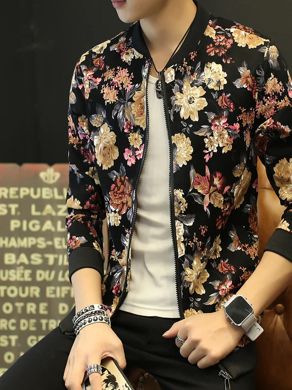 

Spring Autumn Men's Printed Jaet Youth Large Size Baseball orm irt Floral Pattern Long Sve Zipper Closure Outerwear