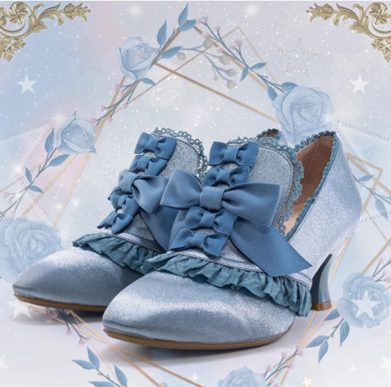 Romantic Pink Green Blue Silk Lace Bowtie Ruffles Lolita Pumps Middle Heels Slip On Pointed Toe Women Marry Jane Shoes