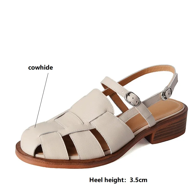 2023 Summer Sandals Cowhide Round Toe Women Sandals Chunky Heel Women Shoes Cover Toe Shoes for Women Hollow Out Roman Shoes