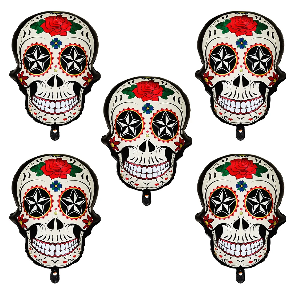 5er-Pack Totenkopf-Aluminiumfolienballons, geeignet für Halloween-Partys, Halloween-Themen-Geburtstagsfeiern, Tag der Toten, Gothic-Partys und gruselige Halloween-Kostüm-Ballons