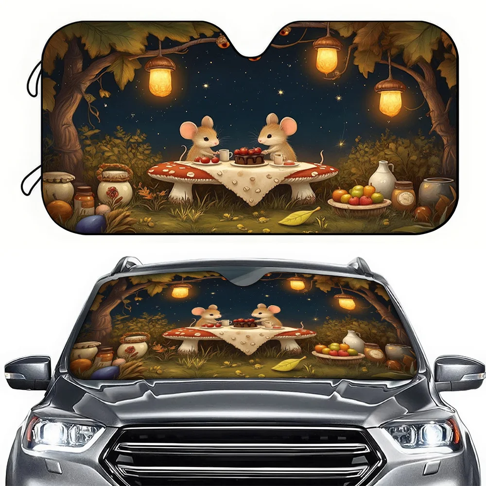 A Car Sunshade Featuring A Little Mouse Under The Moonlight, Designed To Block UV Rays And Reduce Heat, Suitable For Various Veh