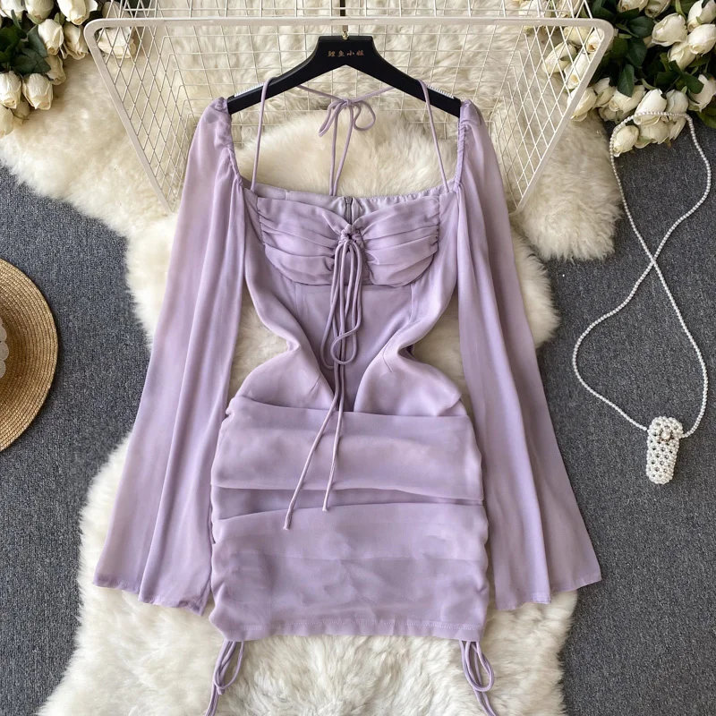 

Sexy ssTss See Through Long Sleeve Women's Dress Summer Fashion Lace Up Square Collar Drawstring Ruched Mini Club Party Dress